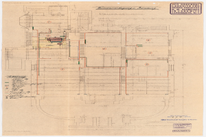 Schwarzes und weißes Architekturzeichnung des Rosenhof-Krankenhauses in Hamburg, Deutschland, zeigt detaillierte Planung mit zahlreichen Drähten, Zimmern, Fluren und Textanmerkungen auf altem Papier.