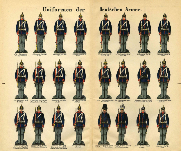 Ein Buch mit einem Raster verschiedener deutscher Armeeuniformen in unterschiedlichen Farben und Mustern, begleitet von beschreibendem Text.
