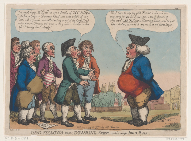 Cartoon-Illustration von Menschen, die vor einem Gebäude mit Bäumen und Himmel stehen, mit der Beschriftung "odd fellows from downing street complaining to John Bull" unten.