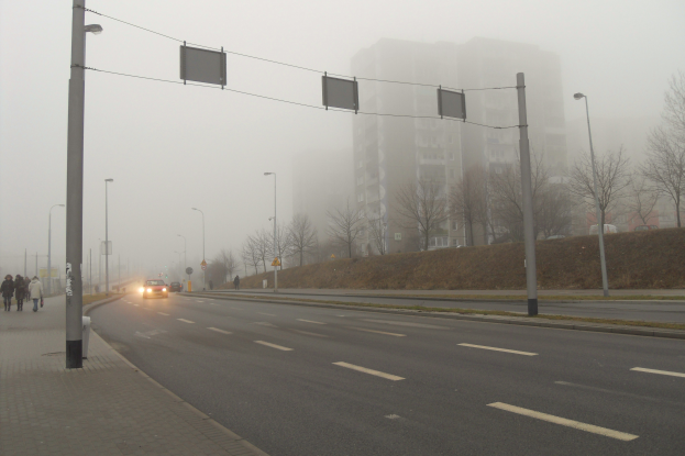 Eine nebelige Straße mit fahrenden Autos und Menschen, die auf dem Gehweg gehen, mit Laternen, Bäumen, Gebäuden und einem sichtbaren Himmel im Hintergrund.