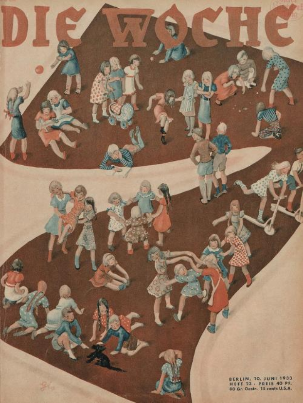 Ein deutscher Magazinumschlag aus Juni 1933 namens "Die Woche", der eine Gruppe strahlender Kinder zeigt, die im Kreis spielen.