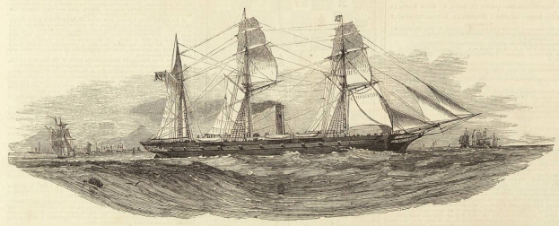 Einschnitte eines detaillierten Segelschiffs mit aufgeblähten Segeln und sonnenbeschienener Hülle, das auf dem Meer segelt, mit anderen Schiffen im Hintergrund und Text unten.