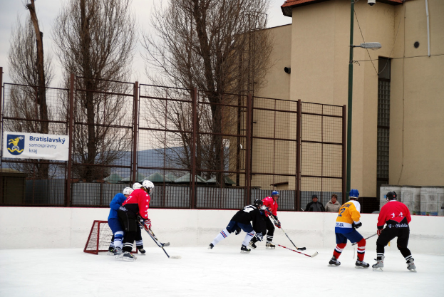 Personen beim Eisschlittschuhlaufen auf einer Eisbahn mit Gebäuden, Bäumen, einer Straßenlaterne, einem Namensschild und Zäunen im Hintergrund unter einem Himmel.