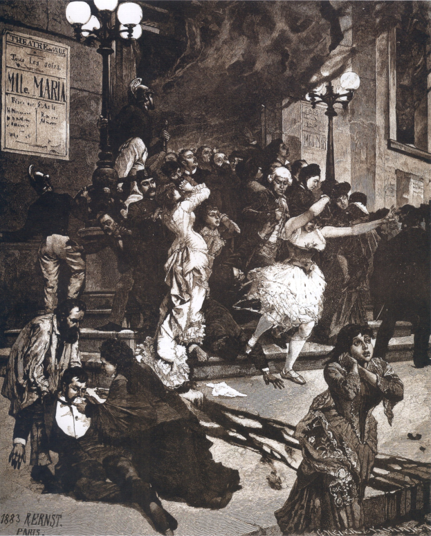 Schwarze und weiße Illustration von Menschen, die vor einem Gebäude tanzen, mit Laternen und einem Schild, das unten mit 'Der Tanz der Oper' beschriftet ist.