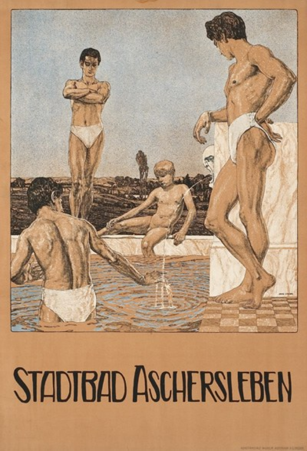 Plakat wirbt für ein Schwimmbad in Aschersleben, Deutschland, mit Menschen im Wasser und einer sitzenden Person sowie Text mit Details zum Bad.