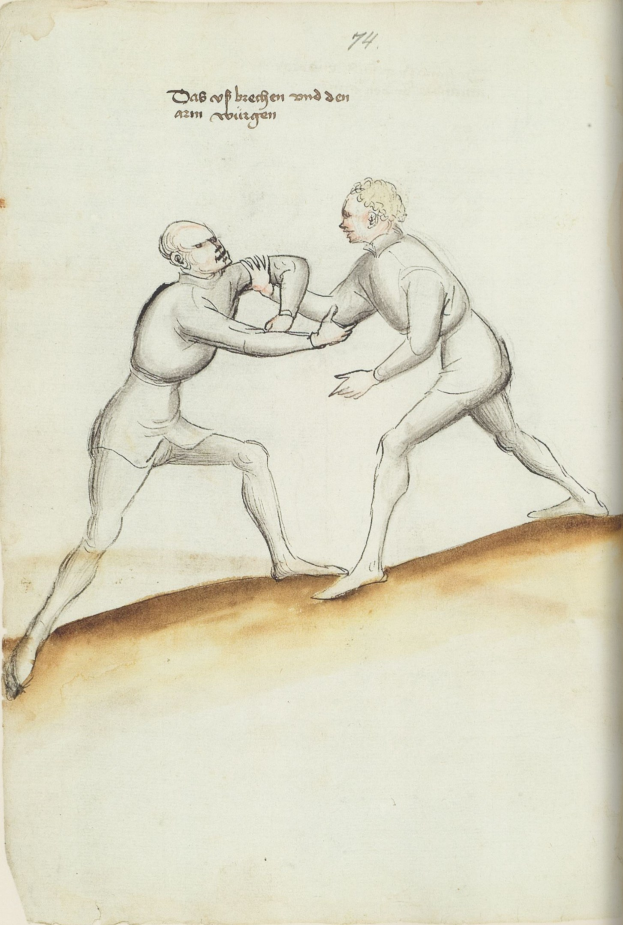 Zwei Männer in tätlicher Auseinandersetzung, einer schlägt nach dem anderen, der auf Papier mit gedrucktem Text steht.