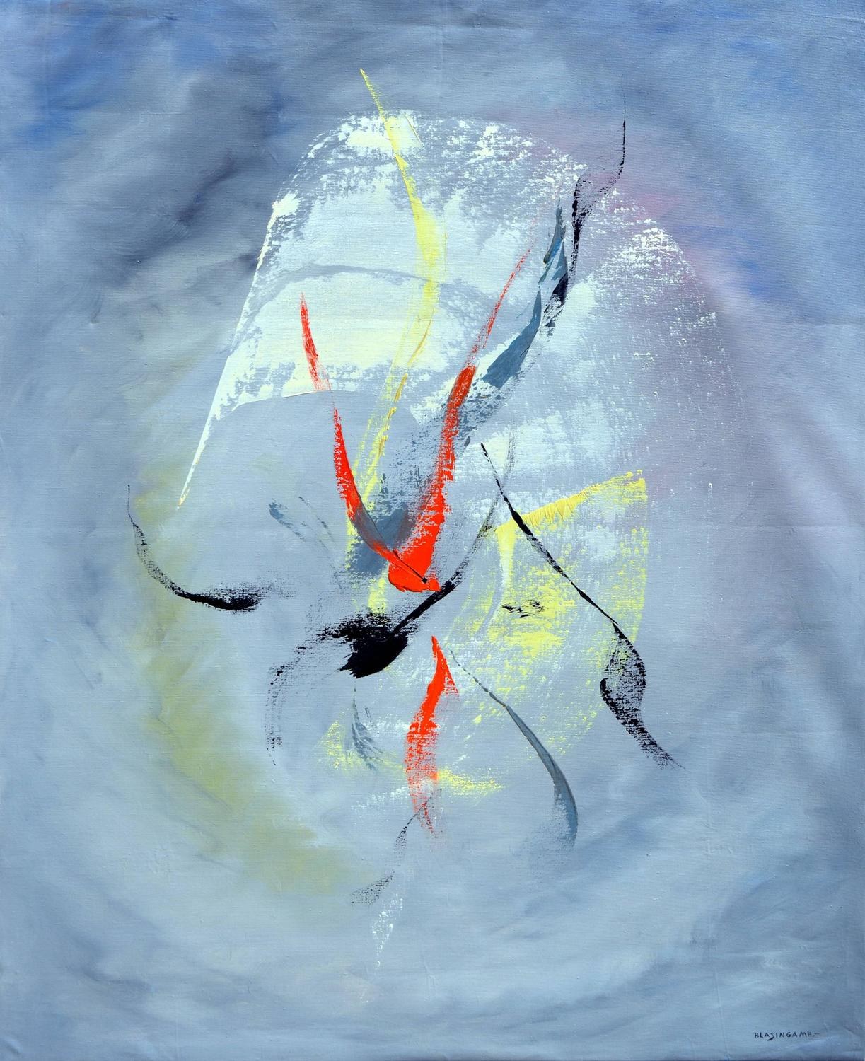 Abstrakte Malerei mit Acryl auf Leinwand in Blau, Rot, Gelb und Grau.