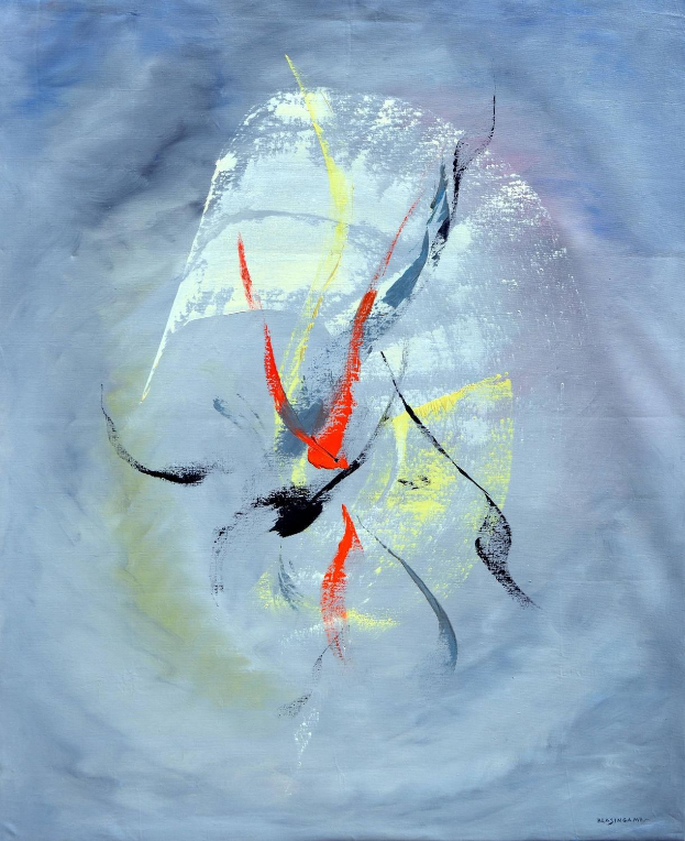 Abstrakte Malerei mit Acryl auf Leinwand in Blau, Rot, Gelb und Grau.