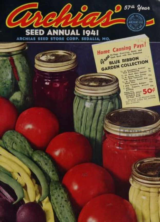 Ein Buch mit dem Titel "Archias Saatgut-Jahrbuch 1941" mit einem Cover, das Tomaten, Gurken, Paprika und bunte Gemüse in Gläsern zeigt, mit fetter Schrift, die den Inhalt beschreibt.