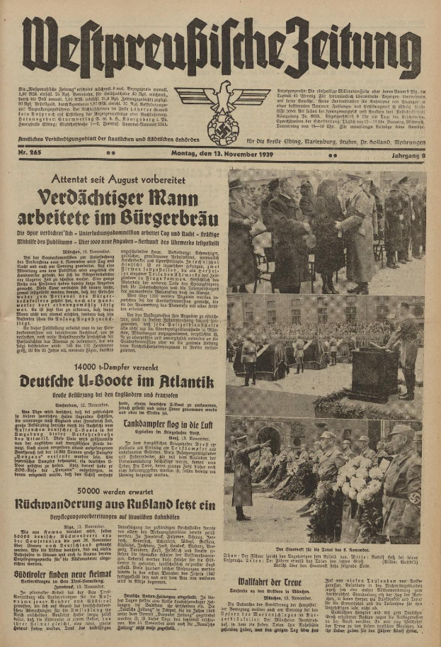 Titelseite einer deutschen Zeitung vom 13. November 1939 mit der Überschrift 'Weitpreubliche Zeitung', die eine Gruppe von Menschen in traditioneller deutscher Kleidung in einer feierlichen Atmosphäre zeigt.