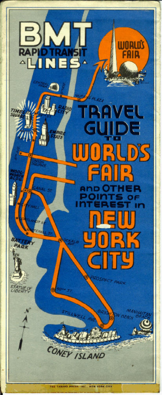 Plakat mit einer Karte der Weltausstellung in New York City, das Details über die Ausstellung und ihre Attraktionen enthält.