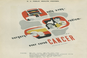 Plakat mit einem Mann in Anzug und weißem Laborkittel mit Stethoskop, entschlossen aussehend, mit fetter weißer Schrift "Operationen haben noch nie Krebs geheilt" auf hellrosa Hintergrund.