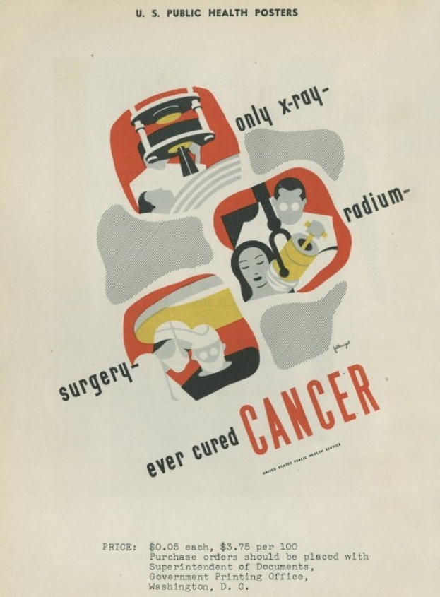 Plakat mit einem Mann in Anzug und weißem Laborkittel mit Stethoskop, entschlossen aussehend, mit fetter weißer Schrift "Operationen haben noch nie Krebs geheilt" auf hellrosa Hintergrund.