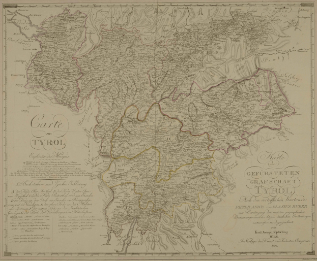 Detailiertes altes Stadtplan von Tirol, Deutschland, mit Städten, Dörfern, geografischen Merkmalen und Text mit Bevölkerungsangaben, Straßen und Sehenswürdigkeiten.