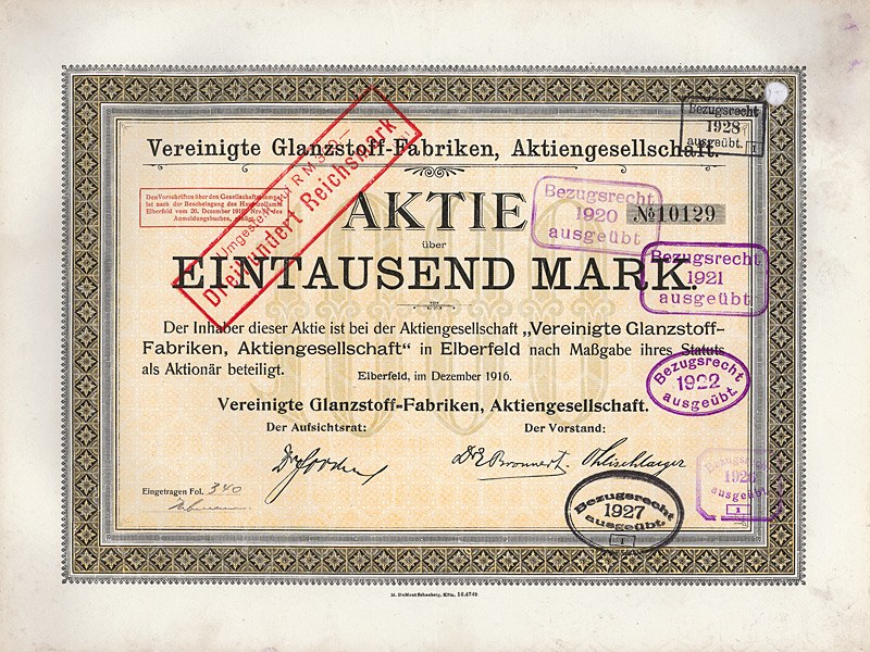 Altes deutsches Aktienzertifikat mit rotem Stempel und gedrucktem Text.