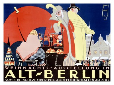 Plakat, das eine Weihnachtsausstellung in altem Berlin ankündigt, mit leuchtenden Illustrationen von Menschen, Gebäuden und Gegenständen und dem Text "Weihnachts Ausstellung in Alt-Berlin" oben.