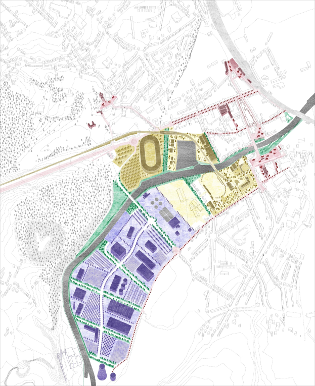 Vorgeschlagener Lageplan für die neue Stadt London, eine farbcodierte Karte, die verschiedene Stadtbereiche zeigt.