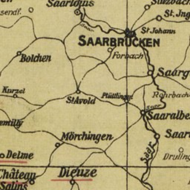 Alte detaillierte Karte von Saarbrücken, Deutschland, mit klassischer Schrift, die den Standort der Stadt angibt, Straßen, Gebäude und Sehenswürdigkeiten zeigt.