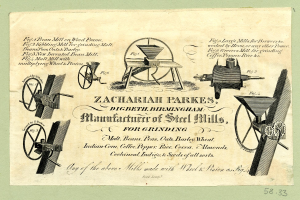Anzeige für Zachariah Parkes, einen Hersteller von Stahlmühlen zum Mahlen, mit Bildern von Maschinen und Text auf Papier.