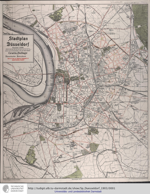 Alte detaillierte Karte von Düsseldorf, Deutschland, mit Straßen, Gebäuden und Sehenswürdigkeiten mit TextAnnotation.