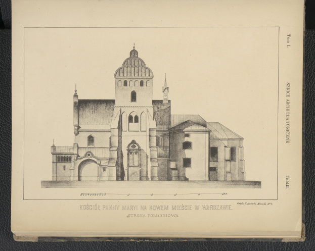 Ein altes Buch mit einer detaillierten Illustration einer Kirche mit sichtbaren Fenstern, Bogengängen und Säulen, begleitet von Text, der die Bausubstanz beschreibt.