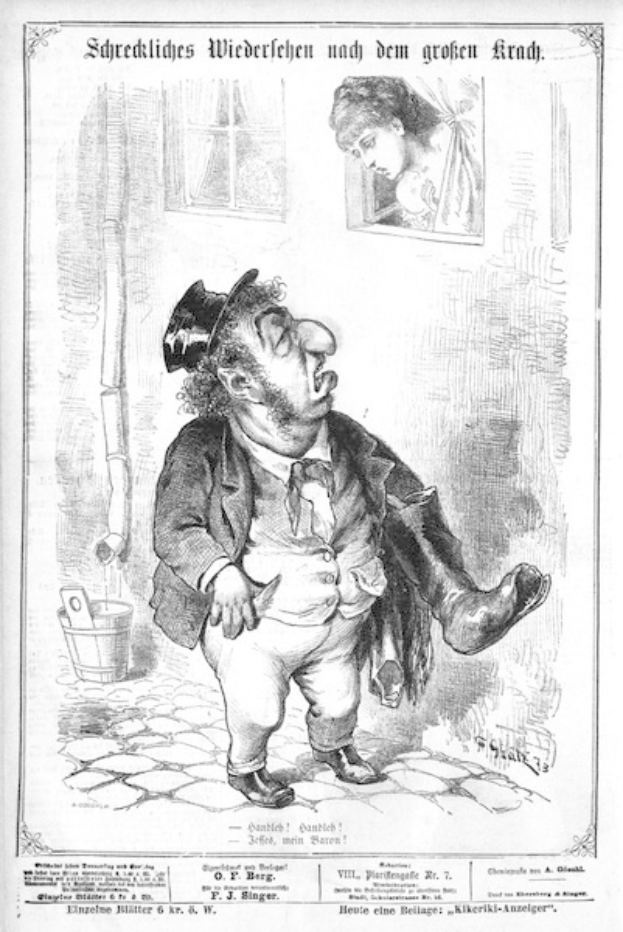 Cartoon-Illustration eines Mannes mit Zylinder und einer Frau in einem Kleid mit einer Wand, einem Fenster, einem Eimer und anderen Gegenständen im Hintergrund, mit der Inschrift "F. J. Singer, der erste deutsche Politiker, der in den Kongress gewählt wurde" unten.