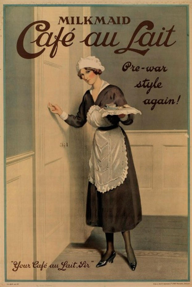 Eine Vintage-Reklame, die eine Frau mit einem Tablett mit Tasse und Untertasse hält, bewirbt einen Milchmädchen-Café au Lait mit beschreibendem Text.