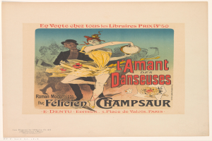 Ein Plakat, das eine Tanzveranstaltung in Paris ankündigt, zeigt einen Mann und eine Frau, die tanzen, wobei der Mann ein Musikinstrument hält und der Text wahrscheinlich die Veranstaltung beschreibt.