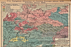 Historische Karte von Mitteleuropa aus dem Jahr 1618, annotiert mit Texten zur religiösen Situation der Region.