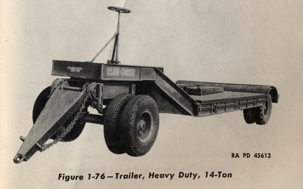 Schwarzes und weißes Foto eines Schwerlast-Anhängers mit einer Tragfähigkeit von 14 Tonnen, das Textdetails am unteren Rand zeigt.