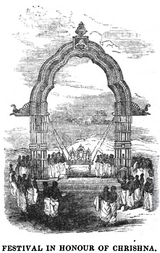 Schwarz-weiß-Zeichnung einer Festivitätsszene, die Krishna ehrt, mit einem zentralen Bogen, der von Menschen umgeben ist, und Text unten.