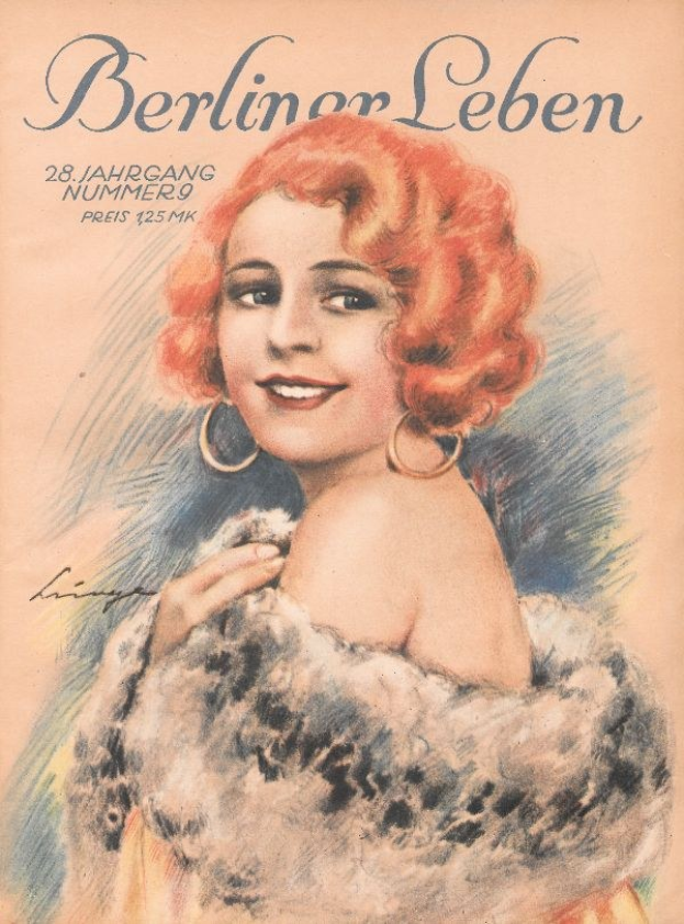 Eine Frau mit roter Haarpracht im 1950er-Look in einem Nerzmantel auf dem Cover einer Berliner Leben-Zeitschrift mit fetter schwarzer Schrift, die "Berliner Lebens" lautet.