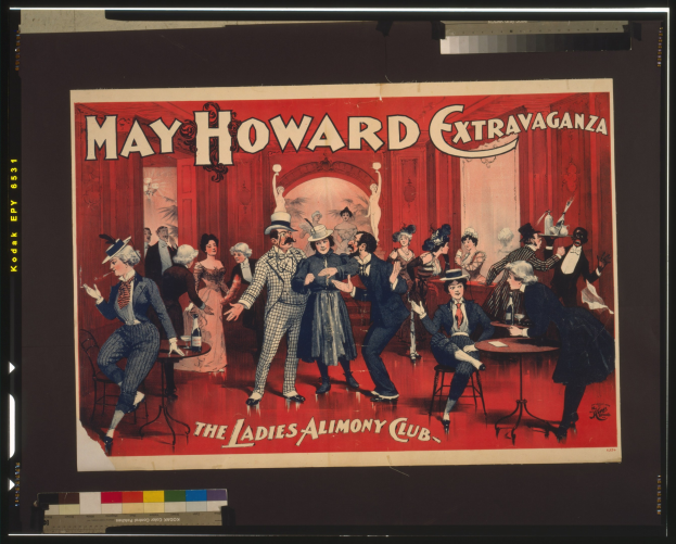 Ein Plakat für das May Howard Extravaganza im Ladies Alimony Club, das Menschen um Tische versammelt zeigt.