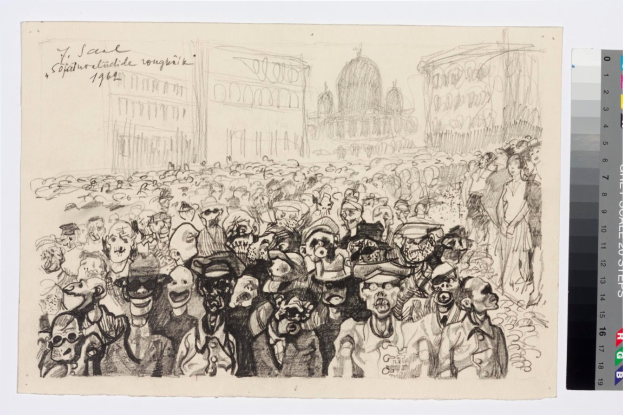 Schwarze und weiße Illustration einer Protestaktion mit Menschen, die vor einem hohen Gebäude schreien und gestikulieren, begleitet von Text und Farbskalen auf der rechten Seite.