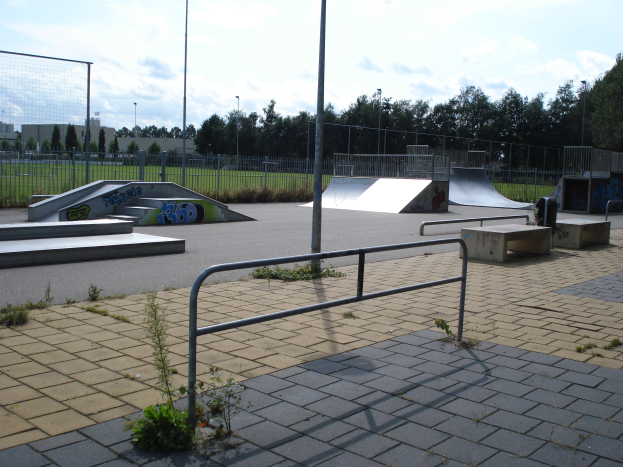 Ein Skatepark mit Rampen, Geländern, Grünpflanzen, Polen, Bäumen, Gebäuden und einem bewölkten Himmel im Hintergrund.