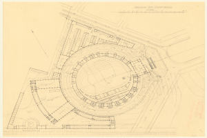 Schwarz-weißer Architekturplan eines Stadions mit umliegenden Gebäuden, beschriftet als der geplante Sportpalast in London, mit handschriftlichen Anmerkungen.