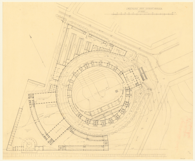 Schwarz-weißer Architekturplan eines Stadions mit umliegenden Gebäuden, beschriftet als der geplante Sportpalast in London, mit handschriftlichen Anmerkungen.