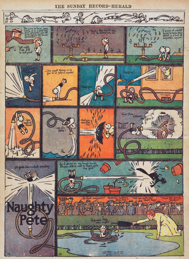 Zeichnung eines Mannes in Anzug und Krawatte in einem Comic-Strip umgeben von Text.