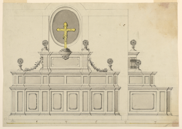 Eine detaillierte Zeichnung eines Kirchenaltars mit einem Kreuz darauf, verziert mit kunstvollen Ornamenten, auf einem Blatt Papier.
