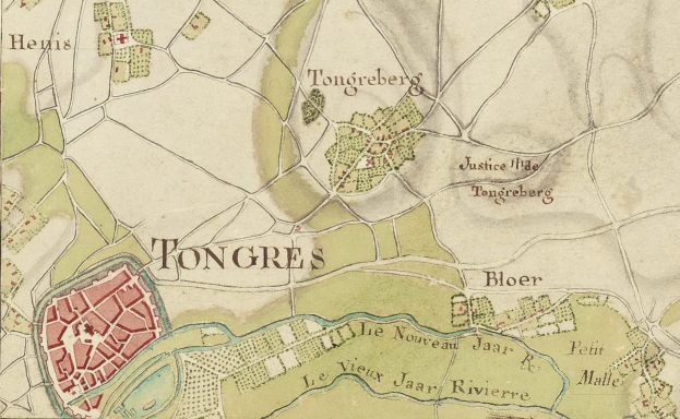 Ausführliche alte Karte der Stadt Tongres mit Straßen, Gebäuden und Sehenswürdigkeiten mit Textanmerkungen.