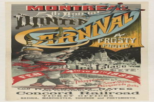 Eine Person steht vor einem frostigen Schloss mit der Aufschrift "Montrealer Winterkarneval" darüber, wirbt für das Ereignis in Montreal, Quebec, Kanada.