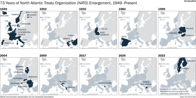 Zeitliche Übersichtskarte, die die Erweiterung der NATO von 1949 bis heute zeigt, wobei die Regionen farblich nach dem Jahr des Beitritts unterteilt sind.