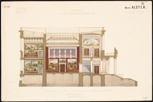 Ein detailliertes Bild einer Opernhaus-Fassade, das zahlreiche Fenster, Türen, Säulen und farbenfrohe Gemälde zeigt, die Innenräume darstellen, sowie begleitenden Text mit historischen Informationen.