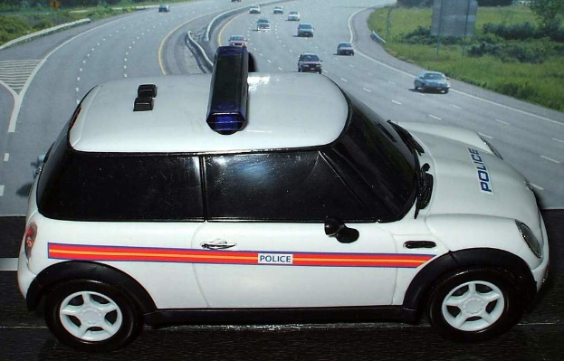 Weißes Polizeiauto vor einer belebten Straße mit mehreren Fahrzeugen, Gras und Bäumen auf beiden Seiten, aufgenommen außerhalb einer Stadt.