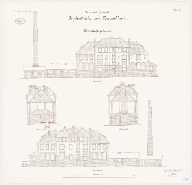 Eine Zeichnung eines Gebäudes mit zahlreichen Fenstern und einem Schornstein, das als psychiatrische Klinik in Deutschland identifiziert wird, begleitet von handgeschriebenem Text auf demselben Papier.