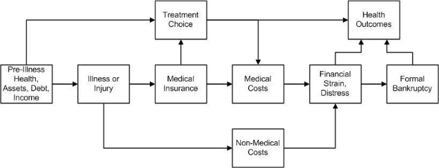 Flussdiagramm, das die Arten von medizinischen Kosten veranschaulicht, die mit Vorerkrankung, Gesundheit und Gesundheit in Zusammenhang stehen, mit verbundenen, beschrifteten K├Ąsten, die Schritte und Interaktionen zeigen.