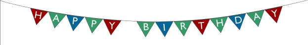 Glückwunschbanner mit roten, grünen und blauen Fähnchen, die an einer Schnur hängen und "Happy Birthday" in weißer Schrift auf einem weißen Hintergrund zeigen.