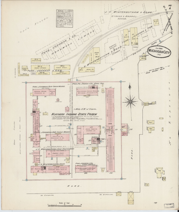 Alte Karte von Detroit, Michigan, mit hervorgehobener nördlicher Indiana-Gefängnis mit gedrucktem Text auf Papier.