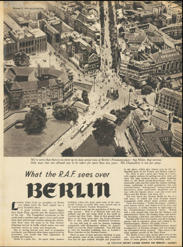 Schwarz-weißes Zeitungsbild, das eine Stadtlandschaft mit Gebäuden, Bäumen und Fahrzeugen zeigt, begleitet von Text.