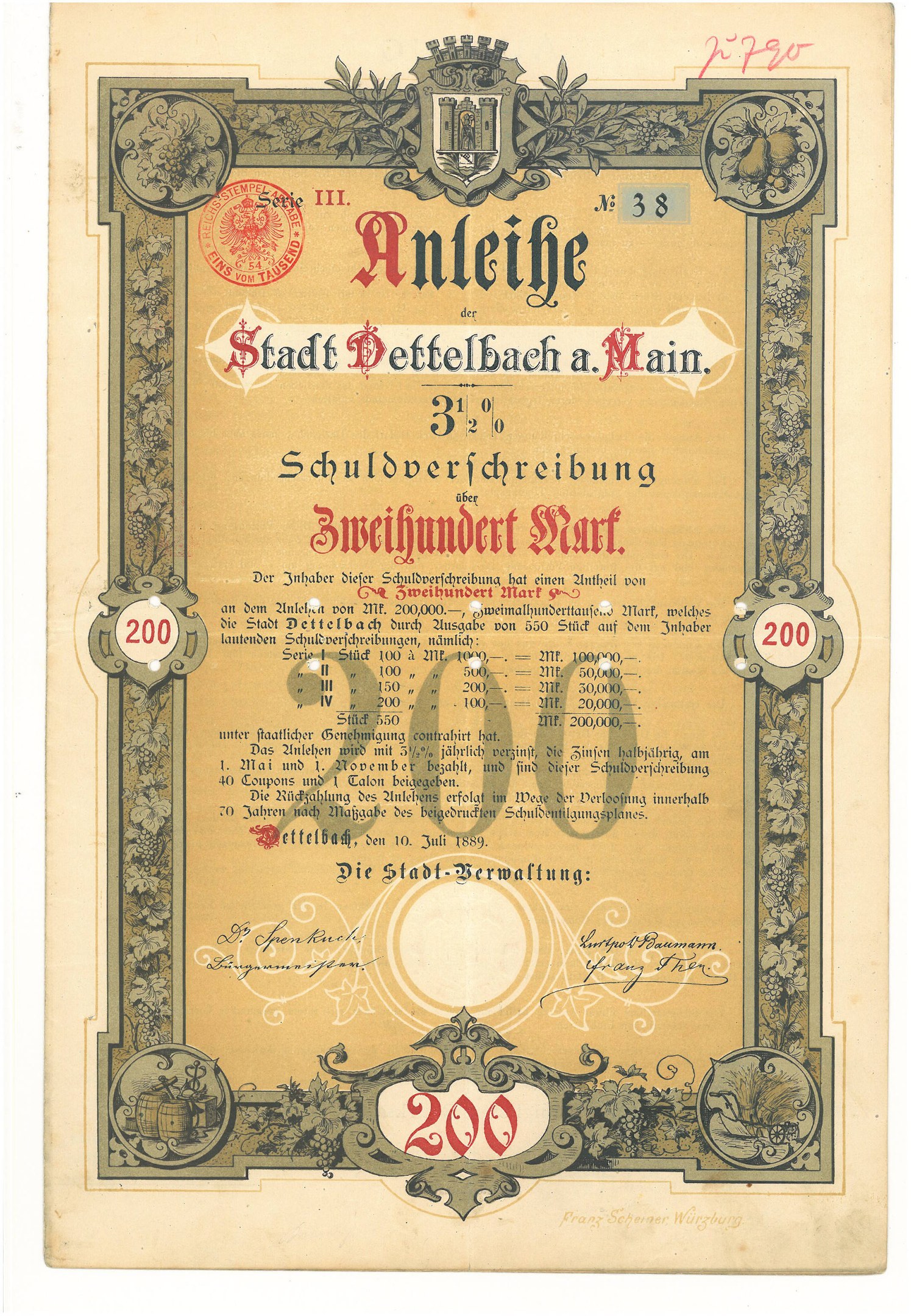 Altes deutsches Aktienzertifikat mit Porträt eines Mannes, mit gedrucktem Text und numerischen Werten, die Aktien Details angeben.